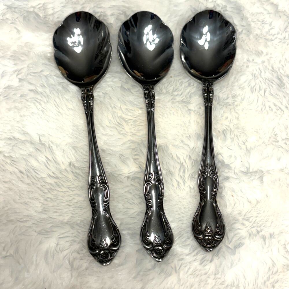 Vintage Easterling Valhalla Stainless Soup Clamshell Scalloped Spoons Set 3